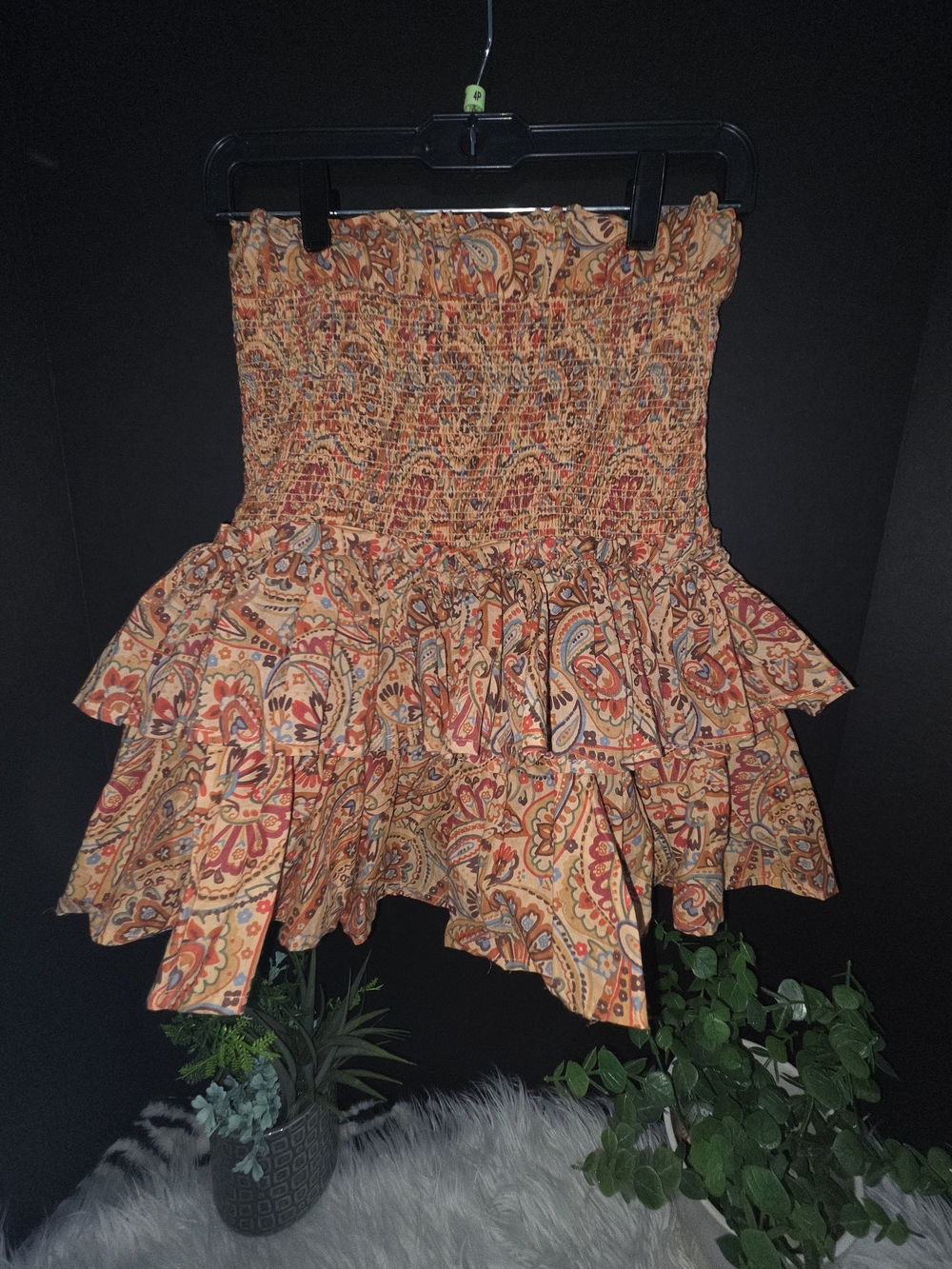 NWOT Rustic Orange Paisley Asymmetrical Smocked Tiered Ruffle Skirt, Size S